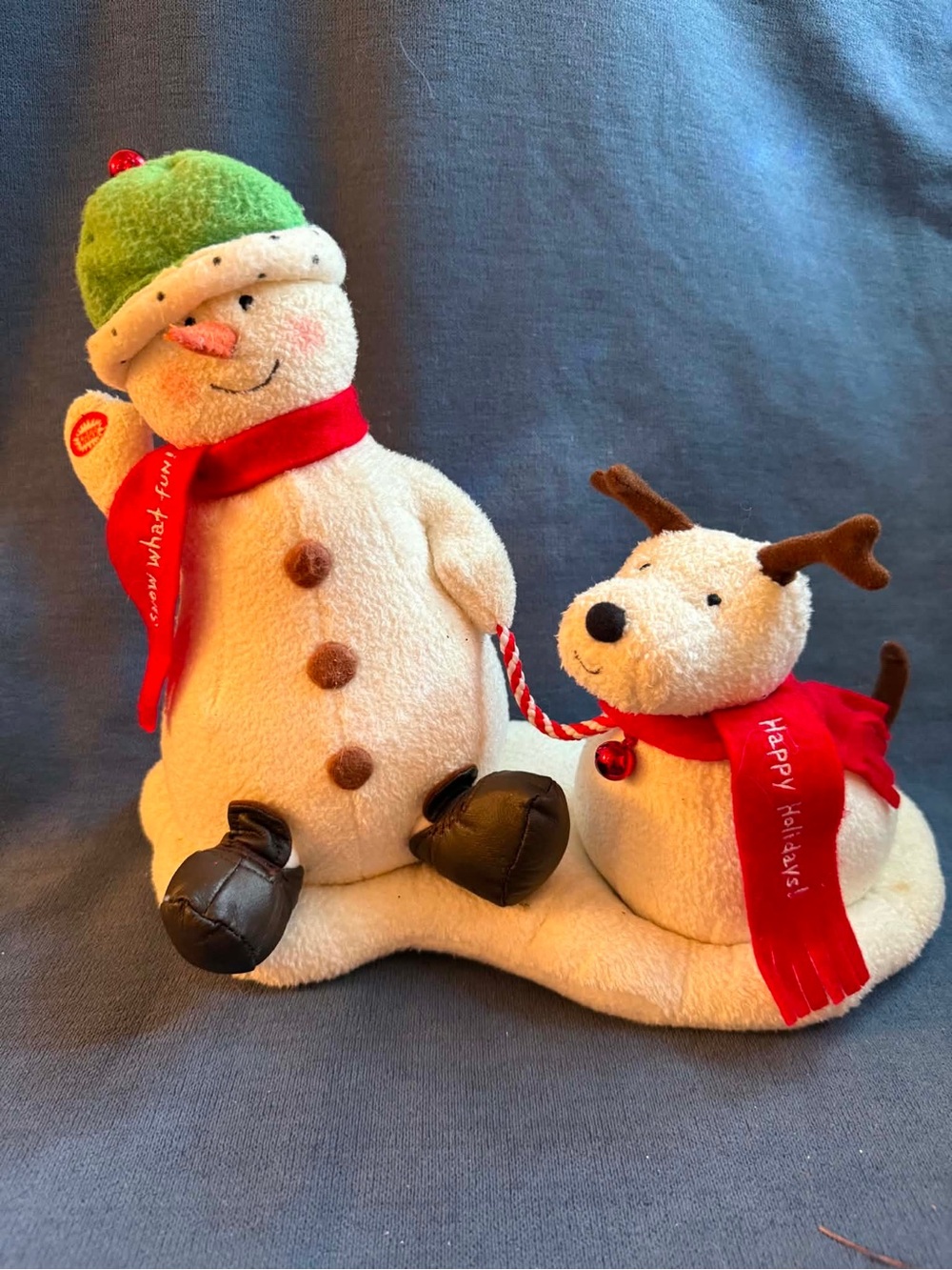 Hallmark Cream Snowman & Reindeer Plush Duo with Green Hat and Red Scarves